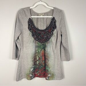 One World Blouse Womens Large Shirt Scoop Neck Embellished Beaded Tan Blouse